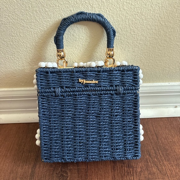By Jenna Lee Blue Woven Box Bag Top Handle Daisy Beaded Gold Hardware - Picture 2 of 4